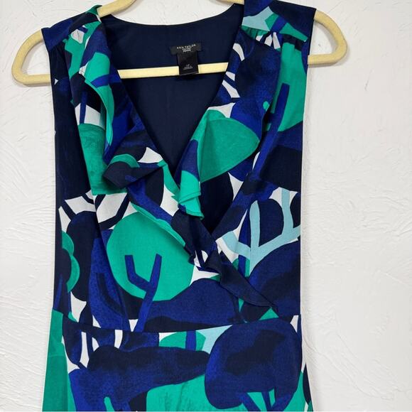 Ann Taylor Green Blue Floral Ruffled A Line Dress Womens 14P Belted Modest - Picture 3 of 9